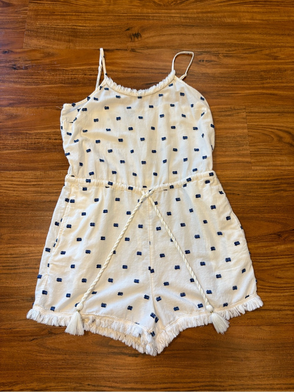 Aerie White Romper with Navy Dot Accents